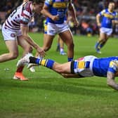 Blake Austin scored the first try at Wigan Warriors but then it all went downhill from there for Leeds Rhinos. Picture: Bruce Rollinson/JPIMedia.