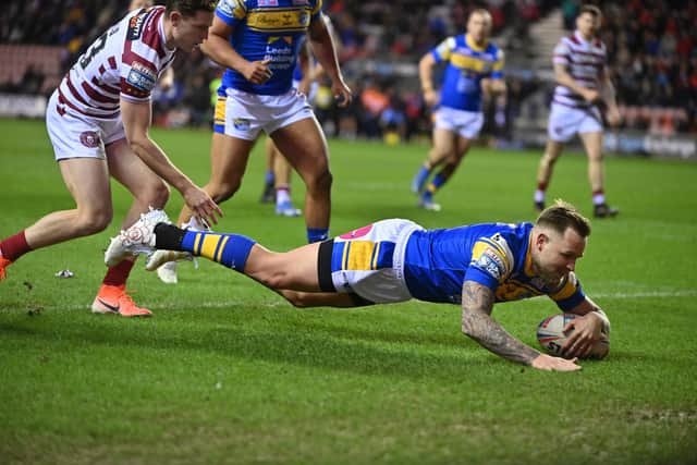 Blake Austin scored the first try at Wigan Warriors but then it all went downhill from there for Leeds Rhinos. Picture: Bruce Rollinson/JPIMedia.