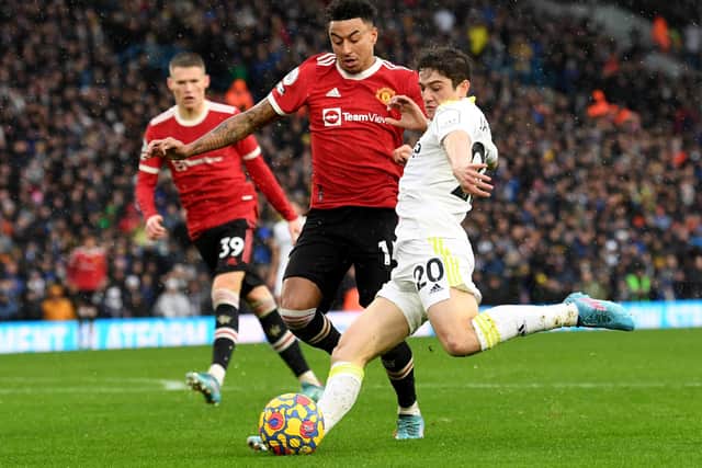 Leeds United man-of-the-match contender Dan James gets by Jesse Lingard to whip in a cross against Manchester United at Elland Road on Sunday. Picture: Simon Hulme/JPIMedia.