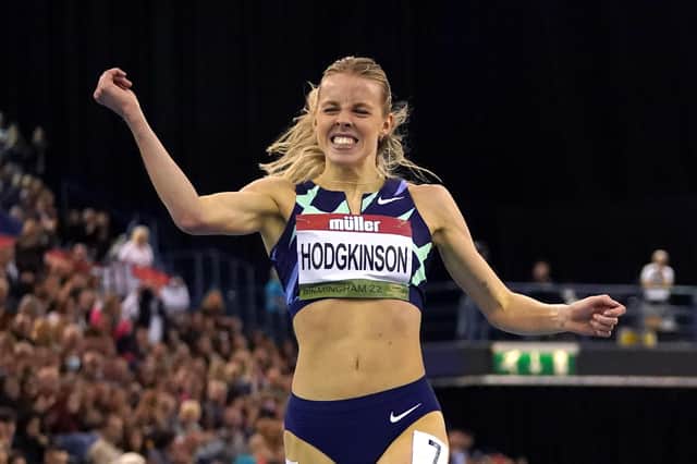 MAGIC MOMENT: Great Britain's Keely Hodgkinson celebrates winning the Women's 800m final at the Muller Indoor Grand Prix Birmingham on Saturday. Picture: Martin Rickett/PA Wire.