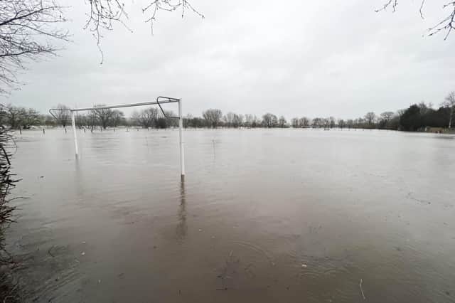 Flooded footbll pitch at Pool-in-Wharfedale after the River Wharfe burst its banks over the weekend. Picture: Steve Riding.