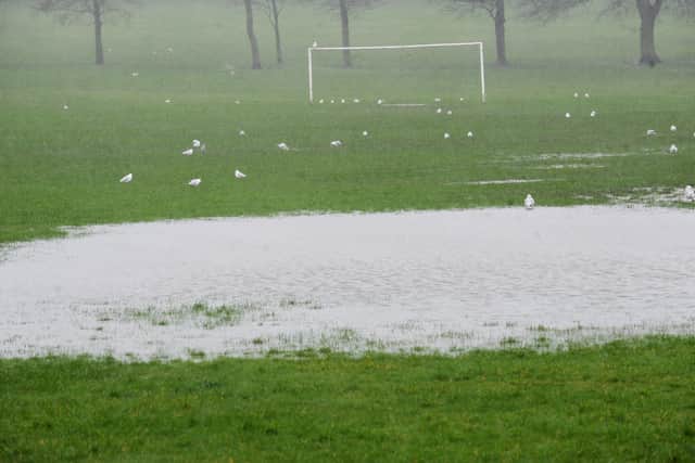 Nice weather for ducks - or seagulls in this case. The flooded pitch at Bramley Park, Leeds on Sunday morning. Picture: Steve Riding.