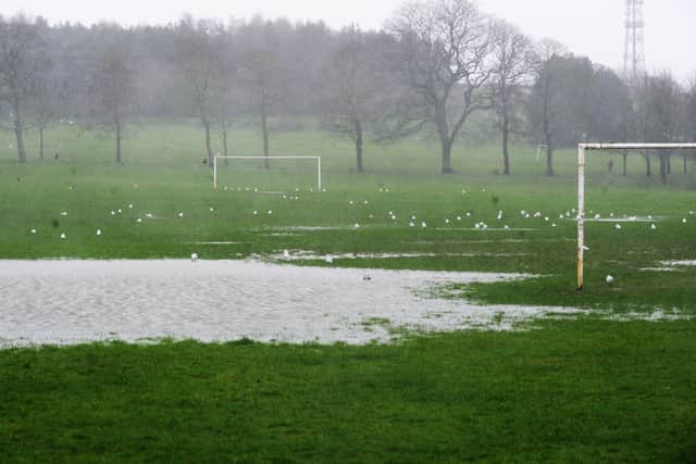 A flooded pitch at Bramley Park, Leeds. Picture: Steve Riding.