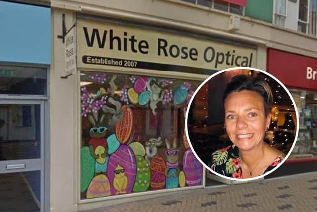 White Rose Opitcal on Westgate in Wakefield city centre and, inset, Debbie Organ.