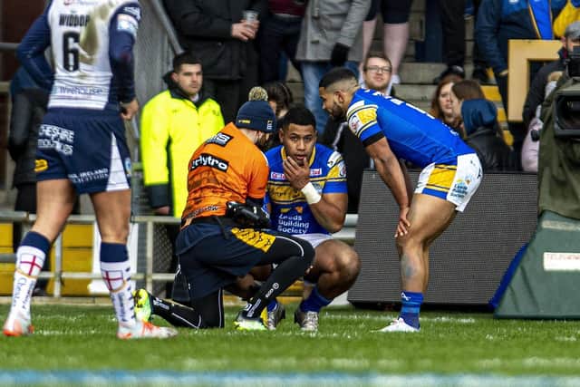 David Fusitu'a suffered concussion in Rhinos' loss to Warrington. Picture by Tony Johnson.