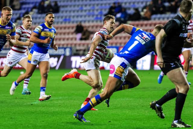 Wigan Warriors' Jai Field had a fun day at the office against Leeds Rhinos. Picture: Alex Whitehead/SWpix.com.