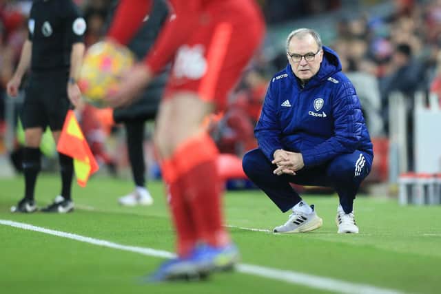 Leeds United head coach Marcelo Bielsa watches on at Anfield. Pic: Lindsey Parnaby.