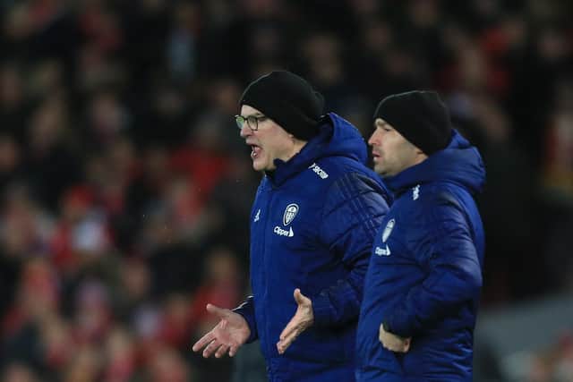 DIFFICULTIES: For Leeds United head coach Marcelo Bielsa, centre, as even star winger Raphinha was unable to shine in Wednesday night's 6-0 thumping at Liverpool. Photo by LINDSEY PARNABY/AFP via Getty Images.