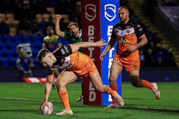 Gareth O'Brien will play in the halves alongside Jake Trueman, seen scoring against Warrington last week. Picture by Alex Whitehead/SWpix.com.