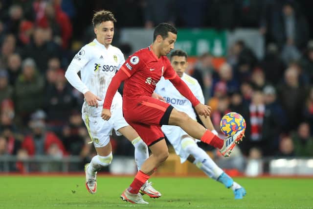 Thiago controls the ball during Liverpool's 6-0 win over Leeds United on Wednesday. Pic: Lindsey Parnaby.