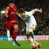 MENACE: Liverpool's January recruit Luis Diaz, left, who caused Luke Ayling, right, and Leeds United plenty of bother in Wednesday night's 6-0 hammering at Anfield. Photo by Clive Brunskill/Getty Images.