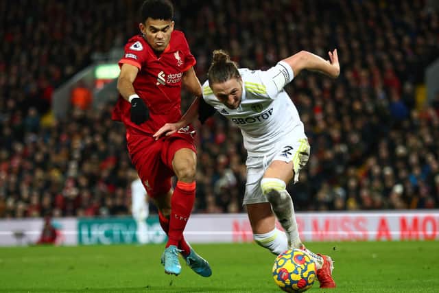 MENACE: Liverpool's January recruit Luis Diaz, left, who caused Luke Ayling, right, and Leeds United plenty of bother in Wednesday night's 6-0 hammering at Anfield. Photo by Clive Brunskill/Getty Images.