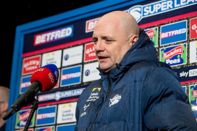 Leeds Rhinos head coach Richard Agar is interviewed after his side's defeat to Catalans Dragons. Picture: Allan McKenzie/SWpix.com.