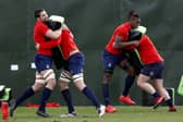 England's Charlie Ewels (left) and Maro Itoje (second right) during a training session at The Lensbury Hotel. Picture: Adrian Dennis/PA
