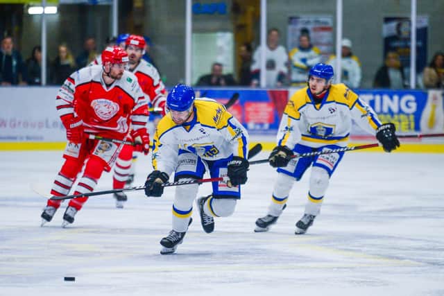 Jordan Fisher and Ethan Hehir try to get a Leeds Knights attack going during the 4-3 defeat to Swindon at elland Road in October Picture: James Hardisty
