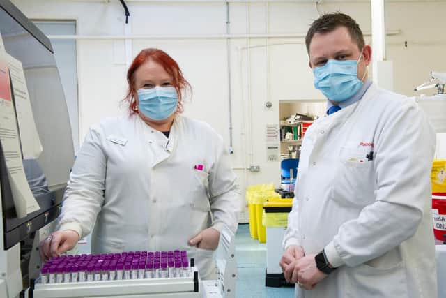 Fiona Babbington and Andy Smith, who currently work in blood sciences in the Old Medical School building.