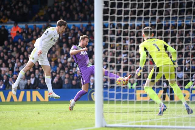 PRAISE: From Harry Kane, centre, for Leeds United, the Tottenham striker pictured firing his side into a 3-0 lead at Elland Road. Photo by Laurence Griffiths/Getty Images.