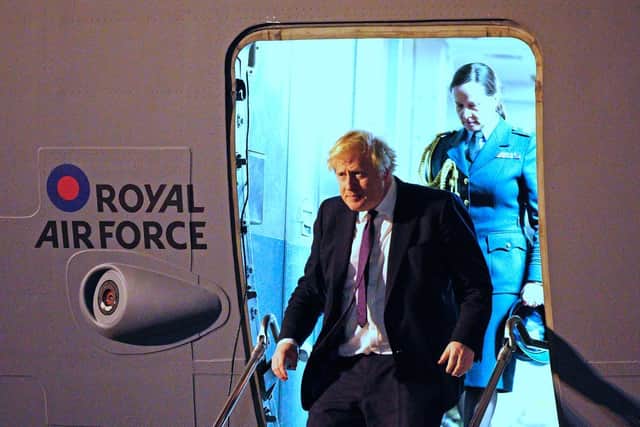 Prime Minister Boris Johnson disembarks a plane as he meets military personnel at RAF Brize Norton in Oxfordshire to thank them for their ongoing work facilitating military support to Ukraine (Photo: PA Wire/Ben Birchall)