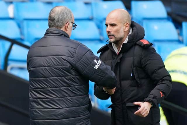 OLD FOES - Manchester City's Pep Guardiola has often spoken of his respect and admiration for former Leeds United boss Marcelo Bielsa. Pic: Getty