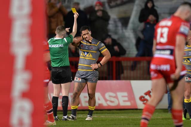 Bureta Faraimo is sin-binned by referee Liam Moore in Tigers' loss at Hull KR. Picture by Bruce Rollinson.