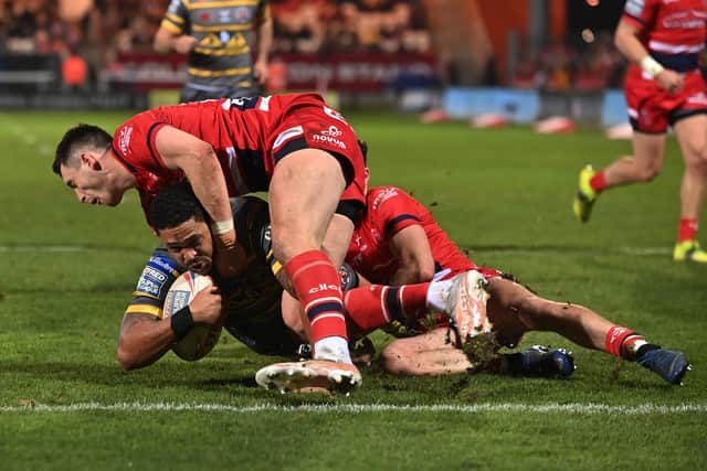 Castleford Tigers' Jordan Turner goes over to score his 100th Super League try - against Hull KR last Friday. Picture: Bruce Rollinson.