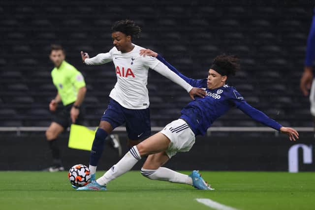 DETERMINED: Leeds United under-23s defender Jeremiah Mullen, right, tackles J'Neil Bennett in Monday night's 1-1 draw against Tottenham Hotspur under-23s.
Photo by Alex Morton/Getty Images.