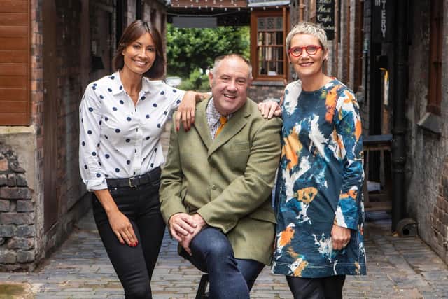 Pictured is the previous host of the Great Pottery Throwdown Melanie Sykes (left), previous judge Sue Pryke (right) and current judge Keith Brymer Jones (middle). Photo: Mark Bourdillon