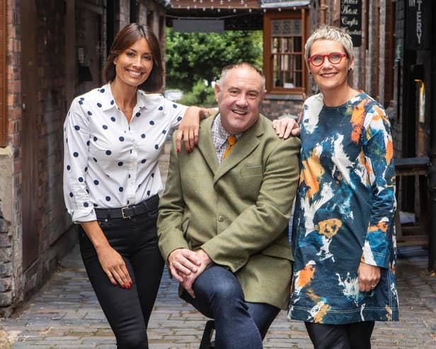 Pictured is the previous host of the Great Pottery Throwdown Melanie Sykes (left), previous judge Sue Pryke (right) and current judge Keith Brymer Jones (middle). Photo: Mark Bourdillon