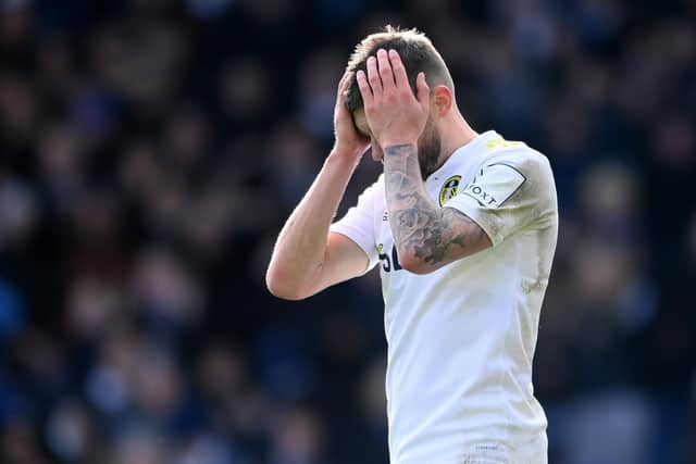 Stuart Dallas rues a missed chance during Leeds United's 4-0 defeat to Tottenham Hotspur. Pic: Laurence Griffiths.