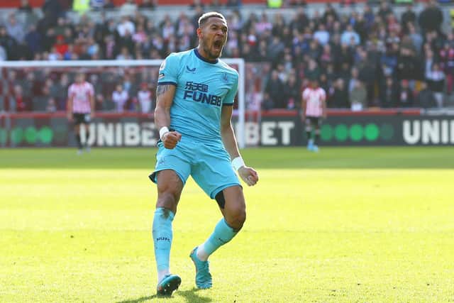 Joelinton celebrates scoring during Newcastle United's 2-0 defeat over bottom-of-the-table rivals Brentford. Pic: Luke Walker.