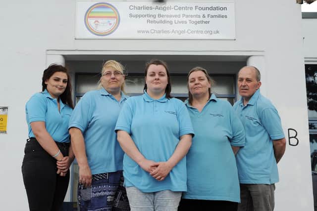 Carrie-ann Curtis, centre, with Chloe Hill, Ruth Curtis, Sam Key and Clive Key at the Charlies Angels Centre Foundation in Leeds. Picture Tony Johnson.
