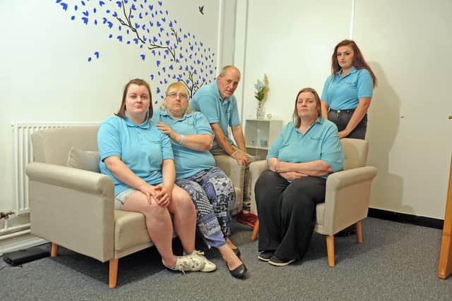 Carrie-ann Curtis with Ruth Curtis, Clive key, Sam Key, and Chloe Hill in the counselling room named after Charlie at the Charlies Angels Centre Foundation in Leeds. Picture: Tony Johnson