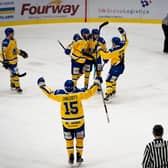 Leeds Knights' players celebrate Adam Barnes's goal to make it 3-1 against Swindon Wildcats at Elland Road on Sunday. Picture courtesy of Oliver Portamento.