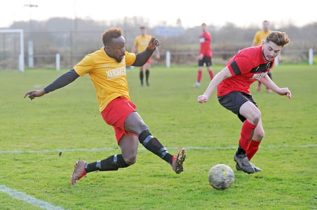 Gibril Bojang who scored twice from the penalty spot to save Horbury Town's blushes at Robin Hood Athletic where their West Yorkshire League Premier Division match ended 2-2. Picture: Steve Riding.