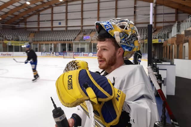 Leeds Knights netminder Sam Gospel endeared himself to the Elland Road faithful even more when turning away 48 of the 53 shots on his net in the win over Swindon Wildcats on Sunday - a save percentage of .905 Picture: Phil Harrison