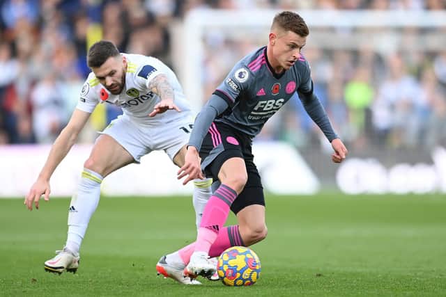 Harvey Barnes and Stuart Dallas tussle for the ball during Leeds United's 1-1 draw with Leicester City at Elland Road in November. Pic: Michael Regan.