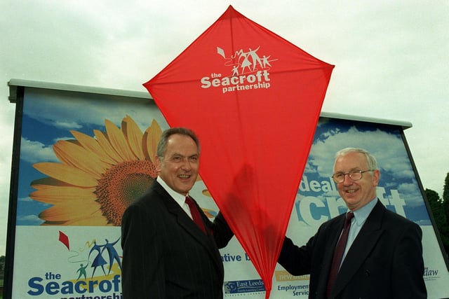 Dr. Jack Cunningham MP (left) and local MP George Mudie unveil the new 'Seacroft Patrnership' at the East Leeds Family Learning Centre in July 1999.