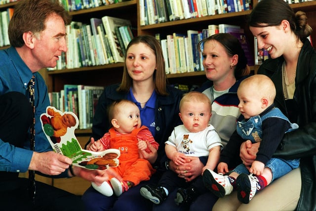 Colin Burgon MP for Elmet launched a books for babies scheme at Seacroft Library in March 1999. Pictured, from left, is young mum Louise Herrington with baby Devon, Sarah Howden with baby Connor and Laura Doughty with baby Bradley.