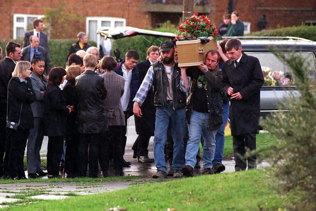 Members of the Blue Angels carry the coffin at the funeral Marina Marcroft from Seacroft in October 1998.