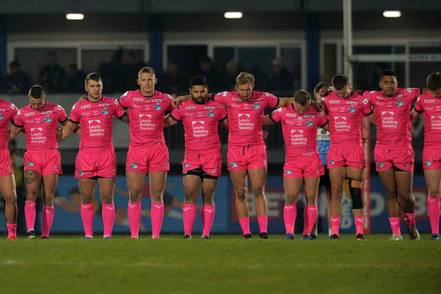 Leeds Rhinos players stand together ahead of Thursday night's derby clash at Wakefield Trinity. 
Picture: Jonathan Gawthorpe.
