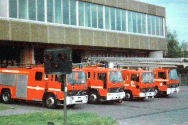 Fire engines outside Kirkstall Fire Station on Kirkstall Road. This station was built in 1972 and demolished in the 1990s to be replaced with a new station.