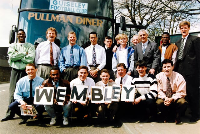 Guiseley's players pictured in front of the coach before setting off from Nethermoor for the FA Vase Final at Wembley in May 1991. They drew 4–4 with Gresley Rovers before winning the replay at Bramall Lane 3-1.