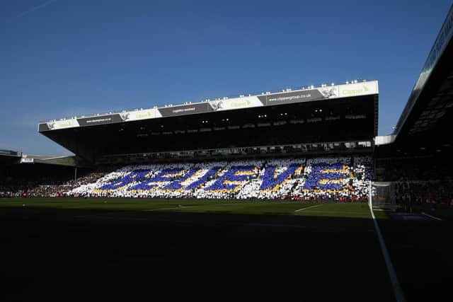 The Elland Road faithful spell out the word 'believe' in the stands during the run-in of Leeds United's failed promotion season in 2019. Pic: George Wood.