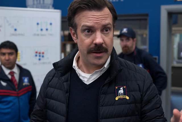 Ted Lasso (Jason Sudeikis) addresses his squad before a game. Pic: Apple.