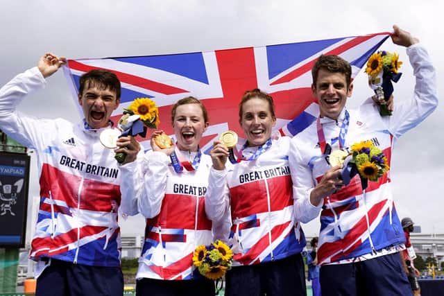 MAGIC MOMENT: Leeds's Jessica Learmonth, second from right, with fellow gold medalists in the mixed team relay at Tokyo 2020 - Alex Yee, Georgia Taylor-Brown, and Jonathan Brownlee. Picture: Danny Lawson/PA Wire.
