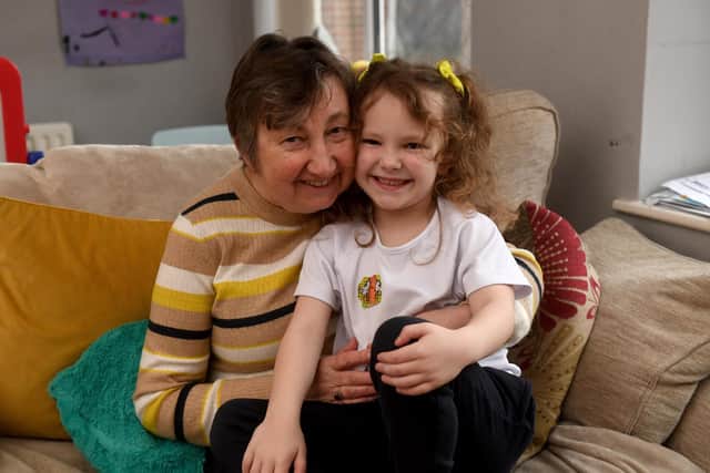 Amelie McIntyre, who has cystic fibrosis, has been given a new drug to help improve her life. She's pictured at home in Morley with her Nana, Julie Faulkes. Picture: Simon Hulme