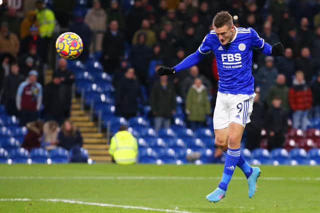MARKET LEADER: Leicester City striker Jamie Vardy, pictured nodding home the second Foxes goal on his return from injury in Tuesday night's 2-0 win at Burnley. Photo by Alex Livesey/Getty Images.