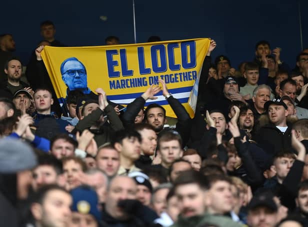 SUPPORT: For former Leeds United head coach Marcelo Bielsa in the away end at Leicester City. Photo by Michael Regan/Getty Images.