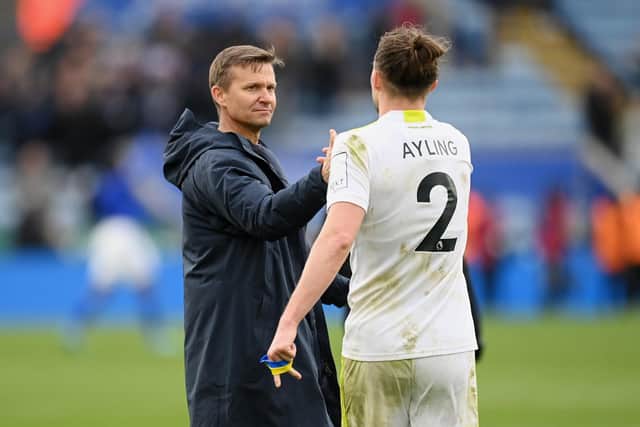 POSITIVES: Outlined by Luke Ayling, right, with new boss Jesse Marsch after Leeds United's 1-0 defeat at Leicester City. Photo by Michael Regan/Getty Images.