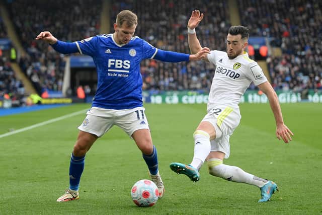 Jack Harrison challenges Marc Albrighton during Leeds United's 1-0 defeat to Leicester City. Pic: Michael Regan.